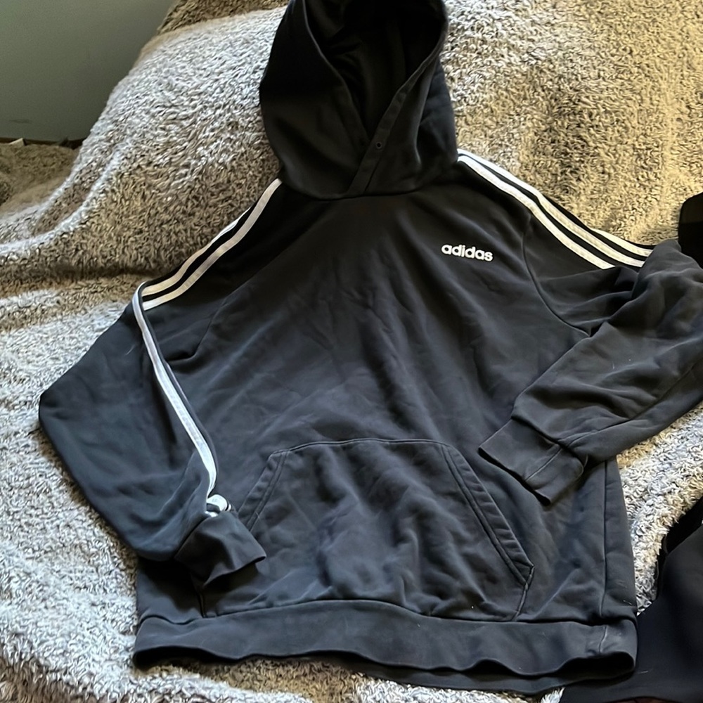 Adidas hooded sweatshirt black w white stripes